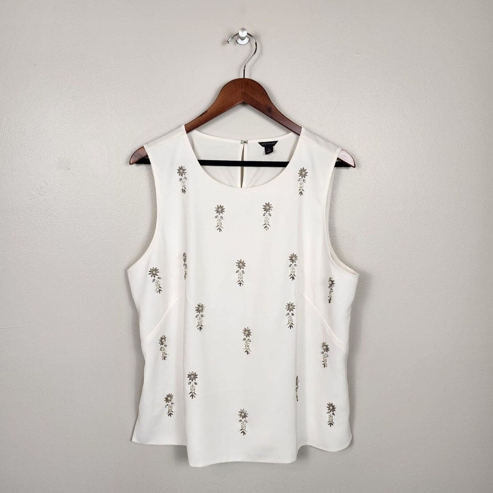 ANN TAYLOR | Embellished Flowers Shell Tank Top Sz XL White Silver Festive